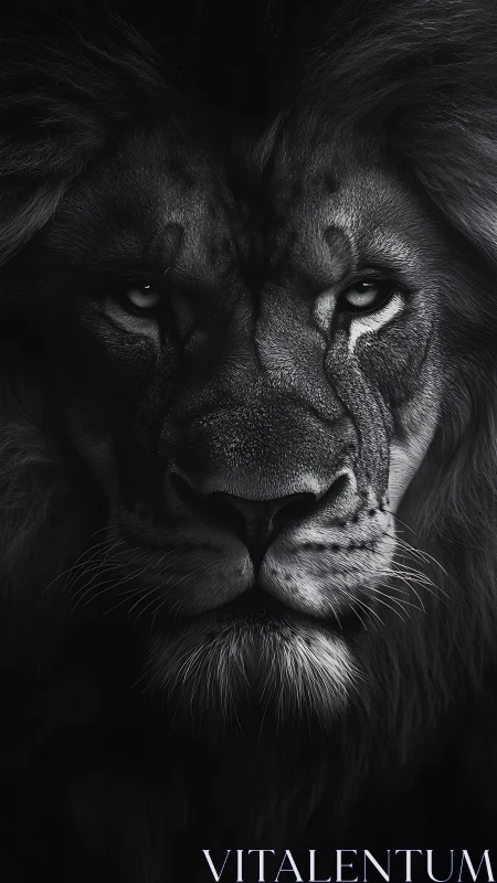 Monochrome lion portrait shows detailed frontal face