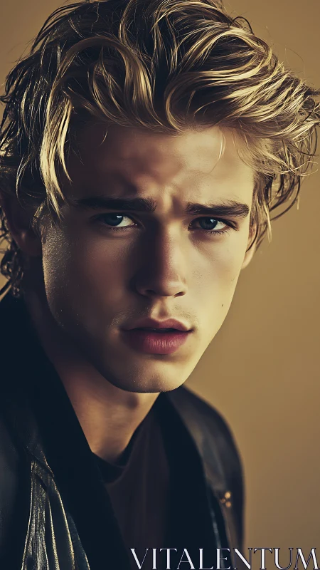 Close portrait of young man with intense direct gaze.