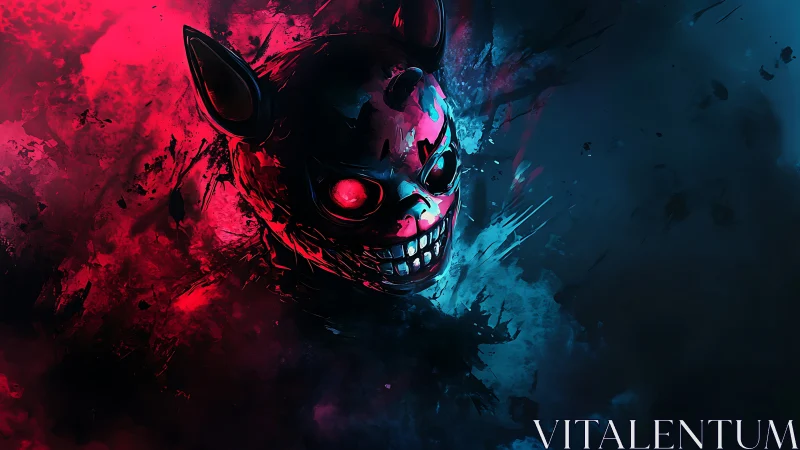 Dichromatic horned skull mask emerges from abstract smoke