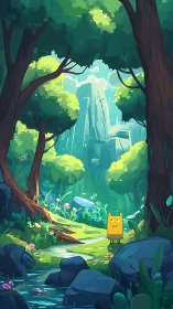 Illustrated forest landscape with waterfall and figure.