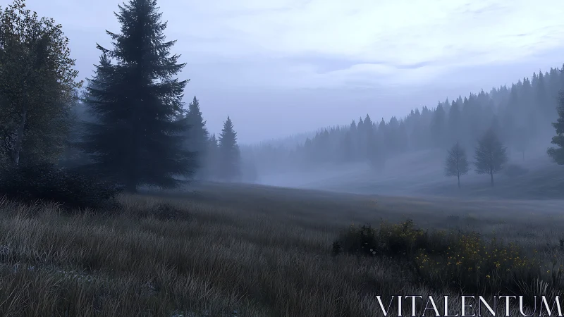 Mist covers a conifer forest bordering an open grassy field