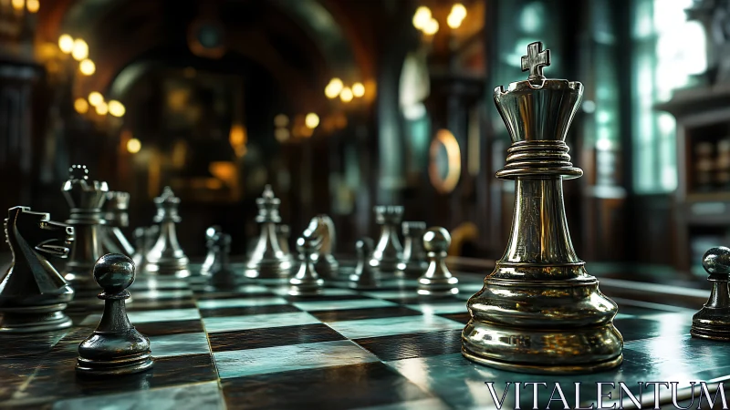 Gleaming chess king commands a match in moody library light