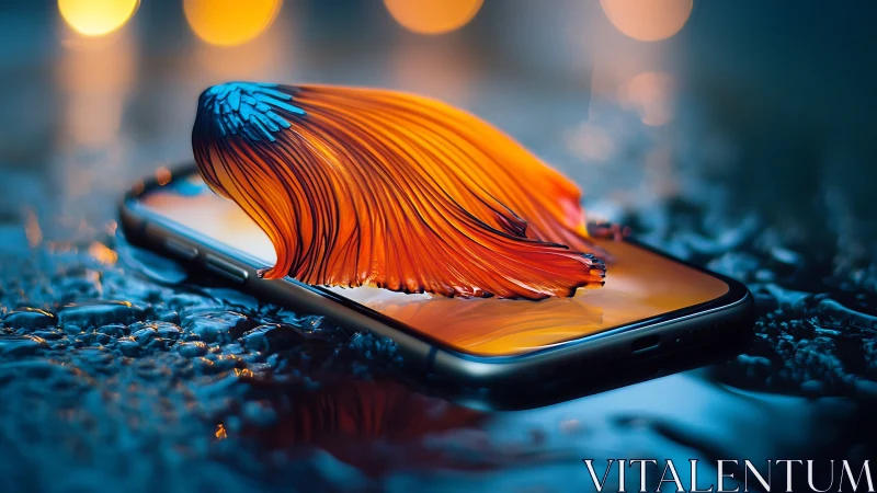 Liquid fire betta surfing a glowing smartphone tide.