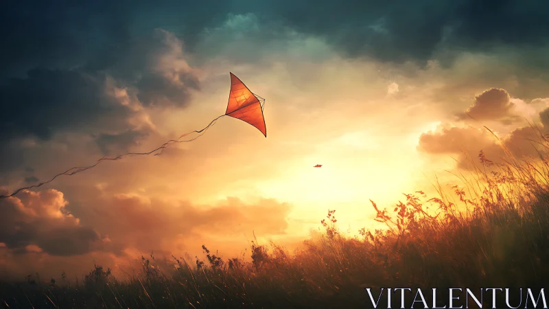 Sunset kite drifts over glowing meadow and stormy clouds.