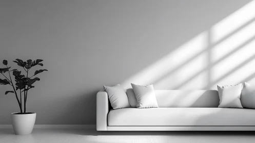 Soft light on a calm minimalist sofa and houseplant corner.