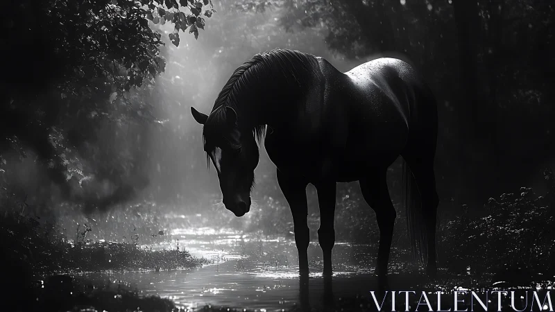 Solitary horse standing in shallow forest stream at dusk.
