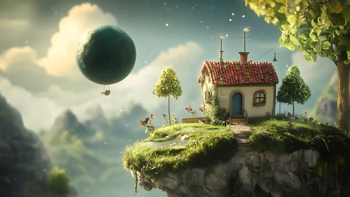 Floating cottage on grassy island with hovering sphere planet.