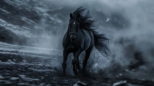 Dark horse moves forward across misted rough terrain