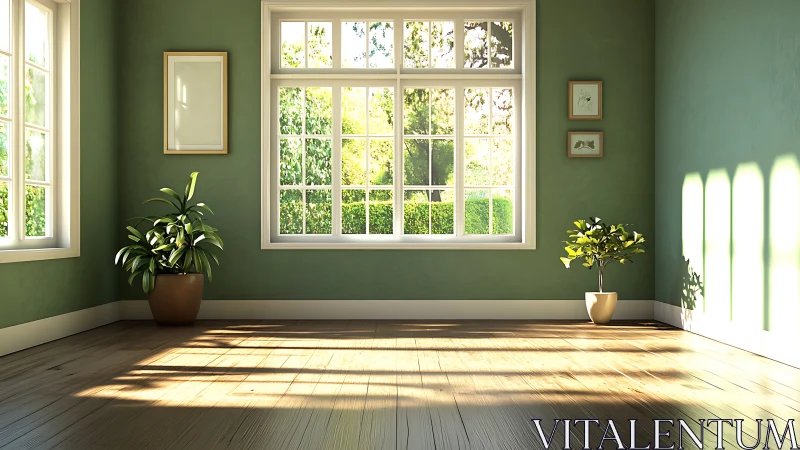 Sunlit interior with green walls, window and potted plants.