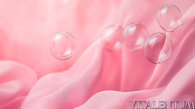 Transparent soap bubbles float above soft pink fabric
