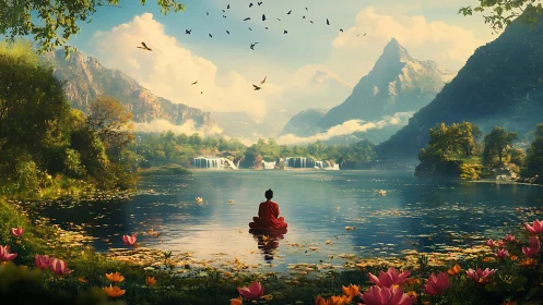 Monk meditates on tranquil mountain lake amid waterfalls