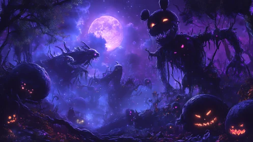 Moonlit nightmare pumpkin horde in haunted violet forest.