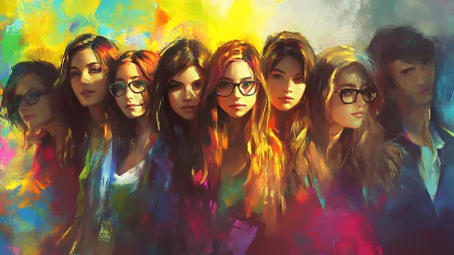 Group portrait of young adults in vivid painted colors.