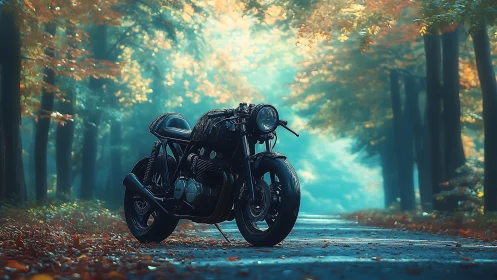 Custom cafe racer motorcycle on misty forest road.