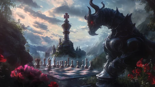 Mythic dragon knight guarding monumental chessboard citadel