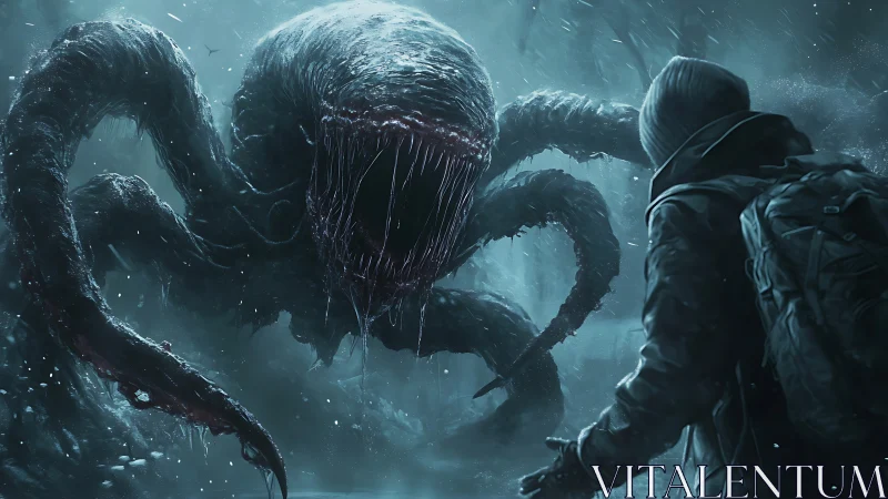 Frostbitten tentacle nightmare greets lone winter wanderer.
