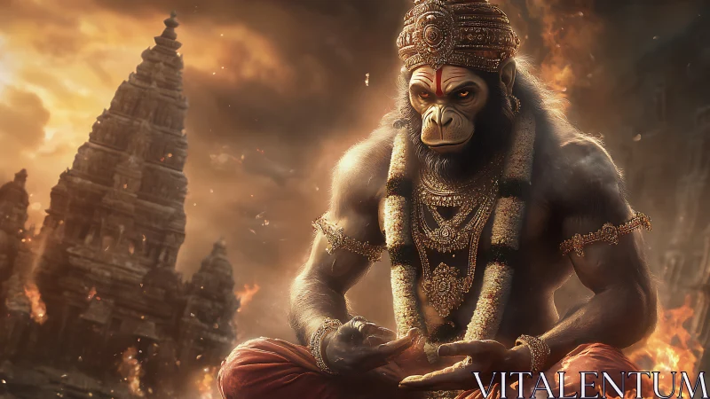 Mythic simian deity in jeweled armor before burning temple.