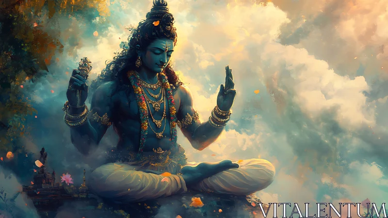 Blue-skinned meditative deity seated amid diffuse clouds.