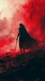 Lone armored warrior strides through burning red mist.