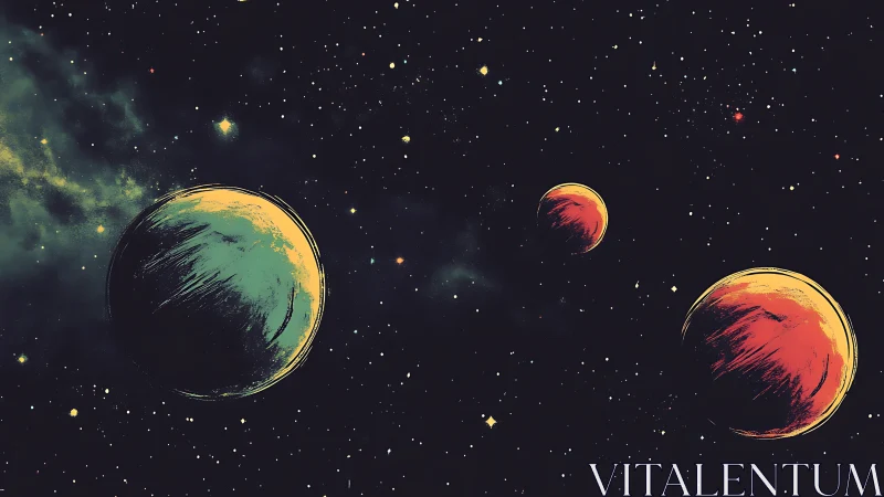 Trio of stylized planets drift through dense star field