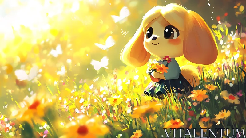 Anthropomorphic puppy in sunlit meadow rendered as soft digital painting