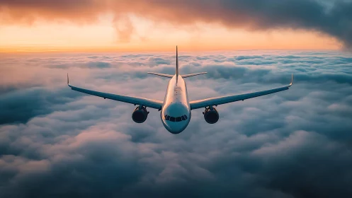 Twin‑engine airliner cruising above stratocumulus at sunrise