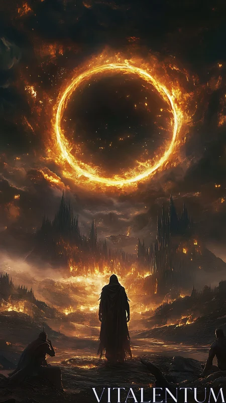 Lone wanderer gazes toward a blazing ringed horizon.