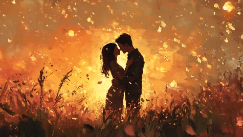 Silhouetted couple amid autumn field conflagration.