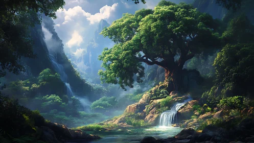Ancient emerald tree above crystalline waterfall pool.