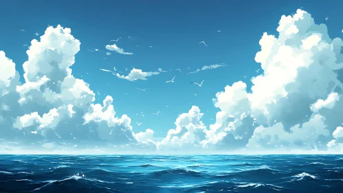 Digital seascape with monumental clouds in balanced horizon study.