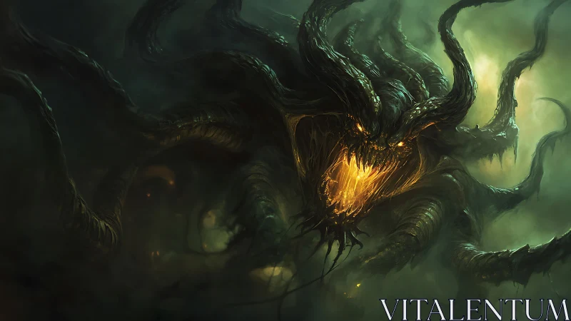 Eldritch tentacled demon erupts from toxic green mist