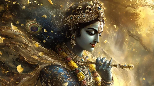 Golden dreamscape of a serene flute-playing deity portrait.