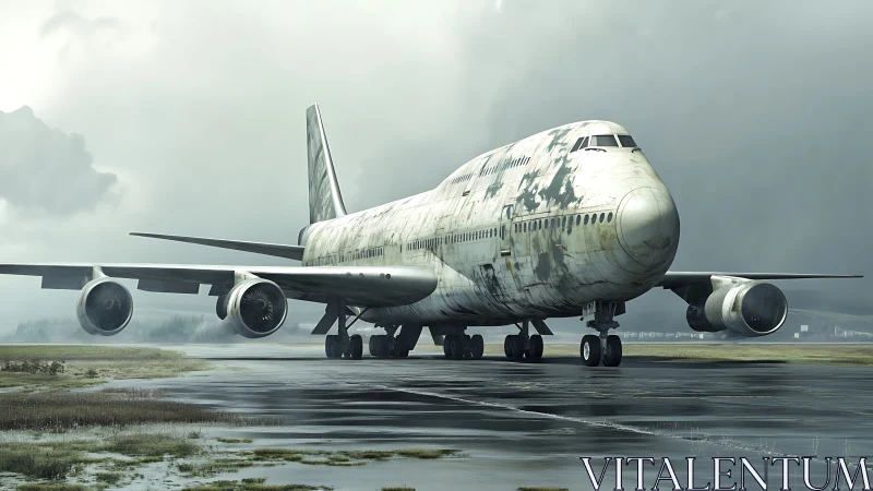 Weathered jumbo jet resting on wet foggy airstrip.