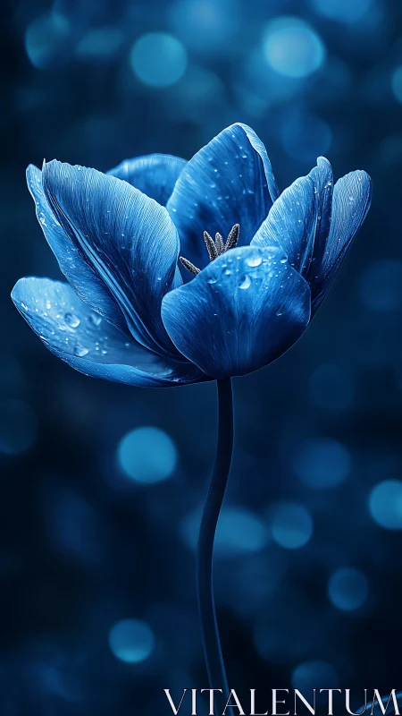 Blue Tulip with Dew Drops in Ambient Light.