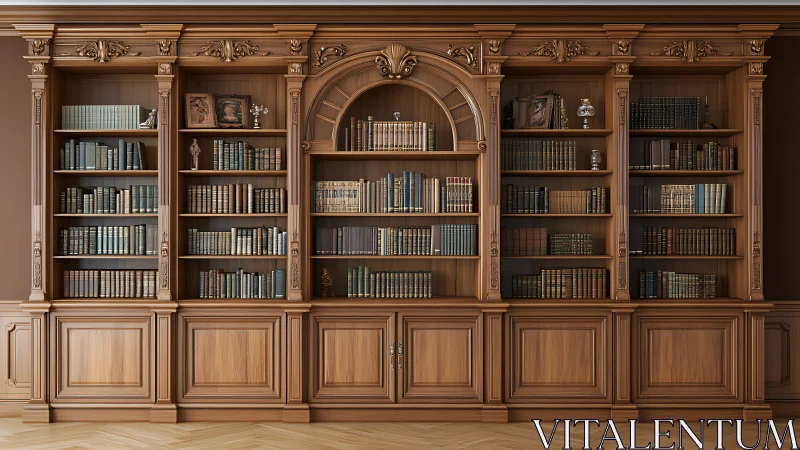 Ornate wooden library wall cradles rows of timeless books.