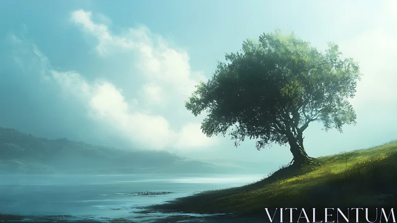 Lone lakeside tree under soft morning mist and sky.