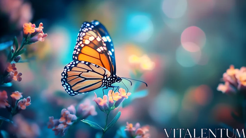 Monarch pauses mid-dream upon neon blooms of soft twilight