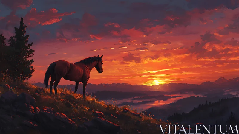 Solitary horse on ridge above layered valley at sunset.