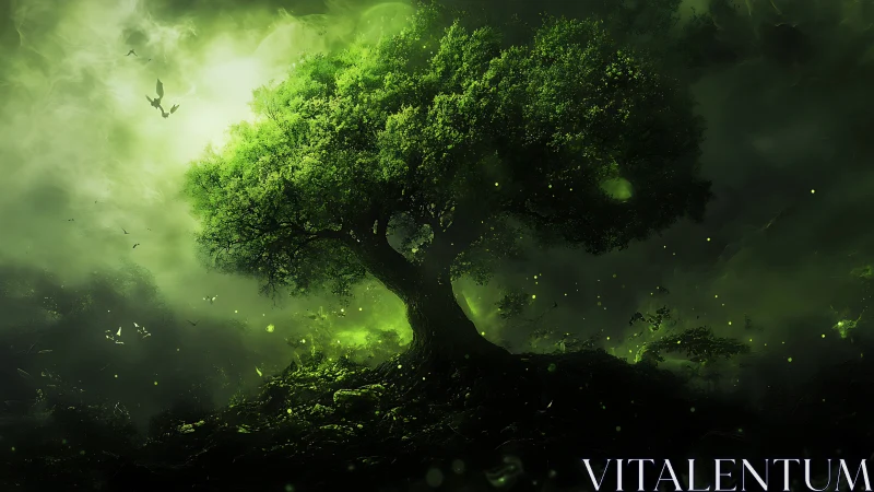 Solitary green tree in dense glowing misted landscape.