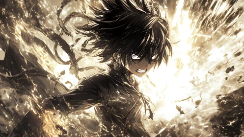 Stormlit fury around a determined anime hero’s awakening.