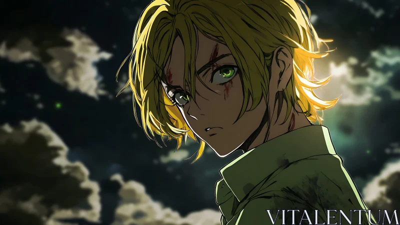 Blond anime figure with injuries under cloudy night sky.