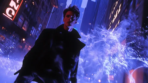 Mysterious city wanderer bathed in electric blue night glow.