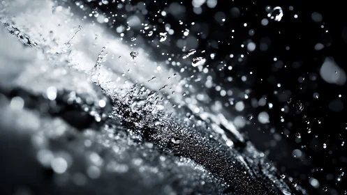 Exploding water droplets dance in dramatic monochrome light.