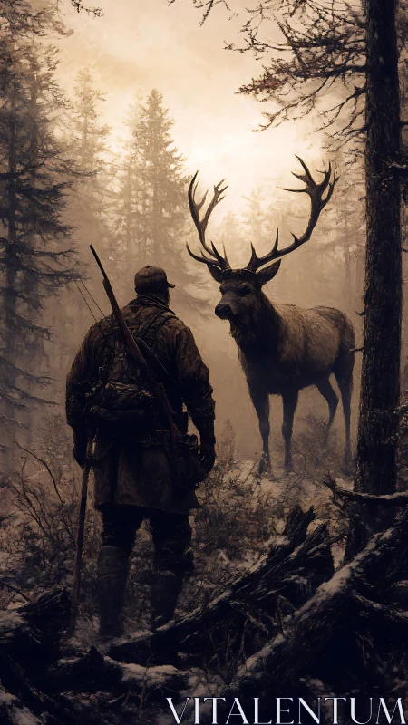 Cinematic digital painting of hunter confronting stag in misted forest.