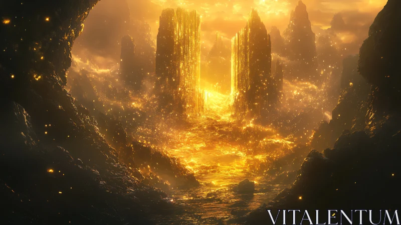 Golden Chasm: Where Starlit Towers Rise Through Luminous Clouds.
