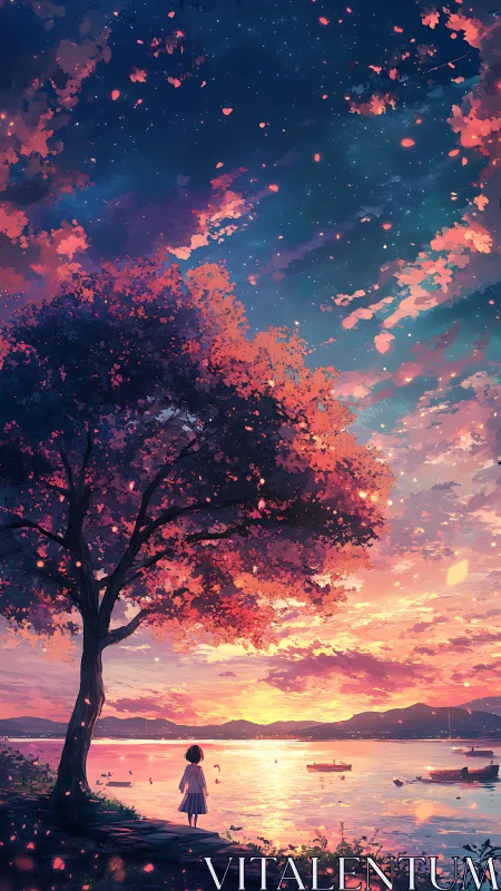 Twilight shoreline girl beneath luminous sakura canopy.