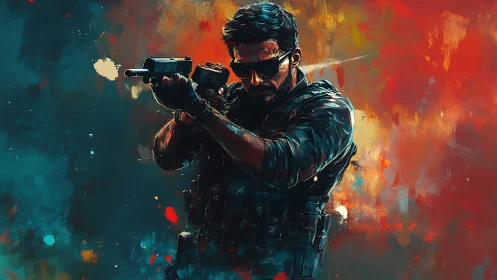 Armed tactical operator in abstract red and teal environment.