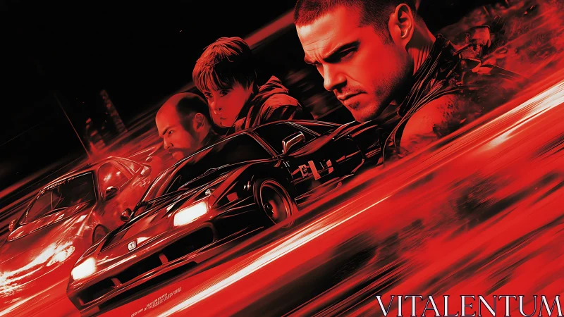 Red digital poster with racing cars and intense drivers.