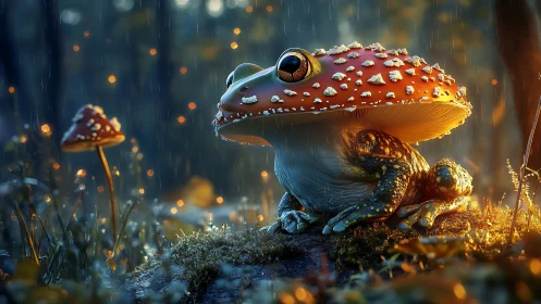 Mushroom-crowned forest frog waits out glittering twilight rain