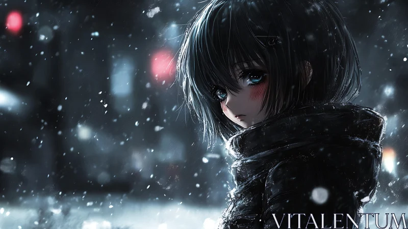 Snow-lit anime portrait uses shallow depth and specular highlights